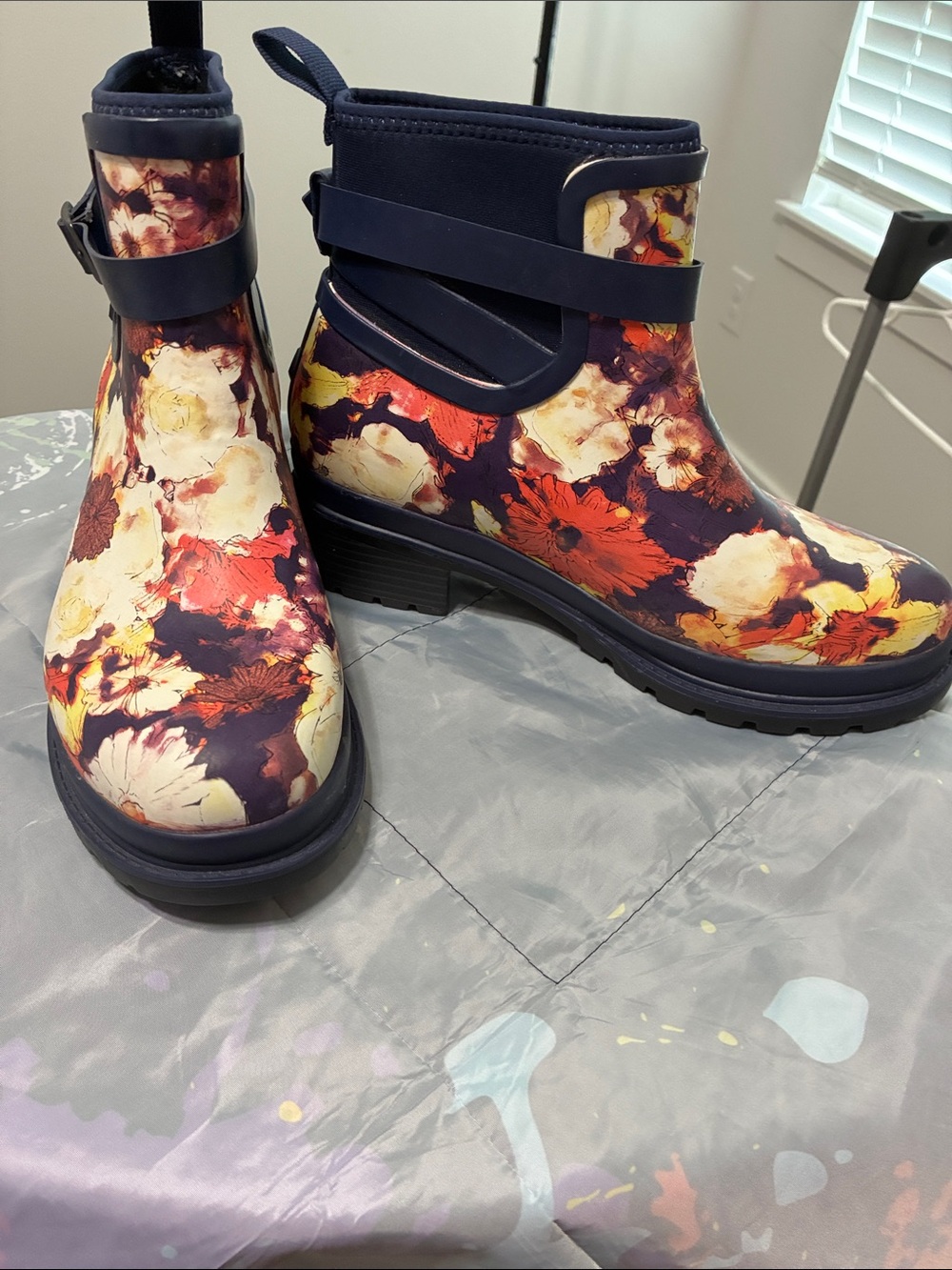 Floral Waterproof Ankle Rain Boots in Navy and Cream